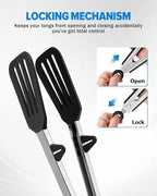 Kitchen Tongs for Cooking, 12 Inch Non Scratch Silicone Tip for Nonstick Cooking Pans, Food Grade Mini Serving Tongs, Pull Lock, Set of 3, Black