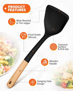 Silicone Wok Spatula Turner Set, Perfect for Scooping, Flipping, Lifting Pancakes and Picking up Veggies, BPA-Free Matte Silicone, Wooden Handles, Safe for Nonstick Cooking Surfaces (Black)