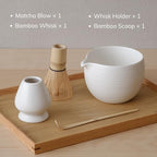 Matcha Whisk Set, Ceramic Matcha Bowl & Whisk Holder, Bamboo Accessory, Modern Design (White, Pouring Spout)