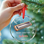 Harmonica Musical Instrument Glass Ornament Xmas 2025, Personalized Text & Name Instrument Christmas Ornament Gifts for Harmonica Player, Musician Xmas Keepsake, Custom Harmonicist Glass Ornaments