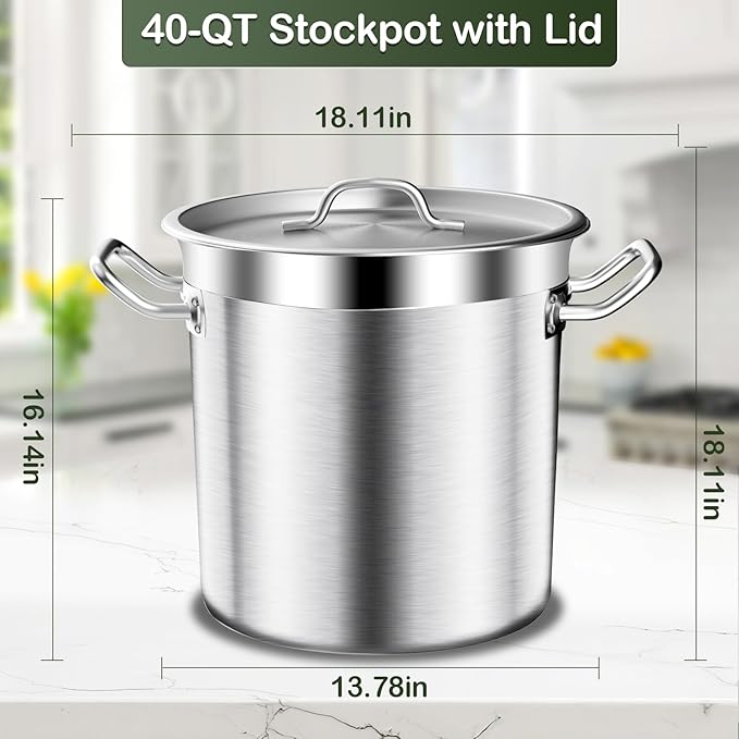 Large Stock Pot-40QT Stainless Steel Stockpot with Lid, Heavy Duty Tri-Ply Bottom Commercial Grade Stock Pot & Stockpots for Boiling Cooking Soup Stew Canning Cooking Pots,Big Stockpot, Deep Cookware