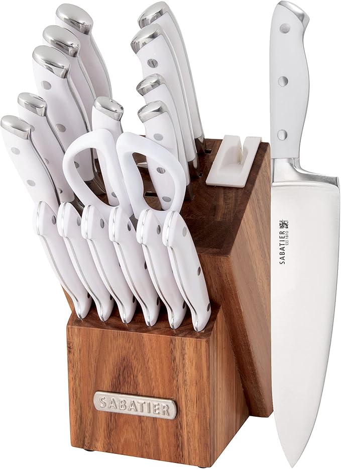 Sabatier Forged Triple Rivet Built-In Edgekeeper Sharpener, 18-Pieces, High-Carbon Stainless Steel Kitchen Knives, Razor-Sharp Knife set with Acacia Wood Block, White