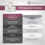 Pebble & Stem® White Metal Canister Set for the Kitchen Counter, Food Canister Set of 4, Airtight Lids, Sugar and Flour Containers for Countertops, Coffee and Tea Storage, Farmhouse Decor