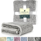 Premium Sherpa Melange Throw Blanket for Couch, Sofa by Pavilia | Soft, Fluffy, Plush, Warm, Cozy | Light Gray Fuzzy Lightweight Microfiber, Luxury Modern Reversible TV Blanket | 50 x 60 Inches