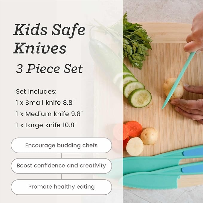 Starpack 'Finger Loving' Kid Safe Kitchen Knife Set of 3 - Kids Knife Set for Real Cooking - Serrated Edges Toddler Knives Set for 3+ Year Olds - Montessori Knive Set - BPA-Free Nylon Knives for Kids