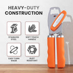 Zulay Kitchen Heavy Duty Stainless Steel Can Opener Manual with Bottle Opener - Rust Proof Manual Can Opener With Turn Knob & Comfy Soft Grip Handles - Orange