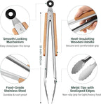 Beneno 12-Inch Food-Grade Stainless Steel Kitchen Tongs with Heat-Insulating Wooden Handle & Non-Slip Scalloped Tips, Heavy Duty Locking Food Tongs for Cooking, Grilling, BBQ and Serving
