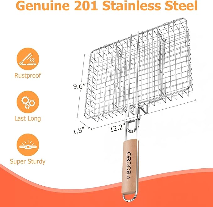 ORDORA Grill Basket, Fish Grill Basket, Rustproof Stainless Steel BBQ Grilling Basket for Meat,Steak etc, Grill Accessories,Grilling Gifts for Men Dad