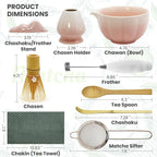 Matcha Whisk Set Incl. Ceramic Bowl With Spout, Whisk (Chasen), Stand, Bamboo Scoop, Sifter, Electric Frother, Tea Towel etc. 9 Pcs Matcha Making Starter Kit, White&Pink