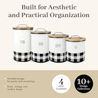 Young's Inc. 4 Pcs Set Plaid with Bamboo Lids Ceramic Canisters- Storage Container for Kitchen and Bathroom - Beautiful Home Decor Accent to Store Food, Coffee, Tea, and More - Black, White
