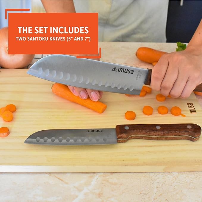IMUSA, 2pc 5" & 7" Santoku Knife Set w/Wood Handle, Stainless Steel Kitchen Cooking Knifes