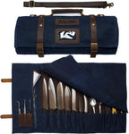 Asaya Waxed Canvas Knife Roll - 15 Knife Slots, Card Holder and Large Zippered Pocket - Genuine Leather, Cloth and Brass Buckles - for Chefs and Culinary Students - Knives Not Included