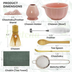 Matcha Whisk Set Incl. Ceramic Bowl With Spout, Whisk (Chasen), Stand, Bamboo Scoop, Sifter, Electric Frother, Tea Towel etc. 9 Pcs Matcha Making Starter Kit, Pink