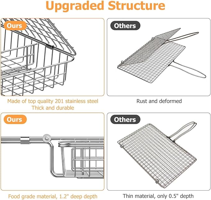 ORDORA Grill Basket, Fish Grill Basket, Rustproof Stainless Steel BBQ Grilling Basket for Meat,Steak etc, Grill Accessories,Grilling Gifts for Men Dad