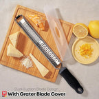 2-in-1 Stainless SteelLong Cheese Grater Dual-Sided Fine & Coarse Blades Precision Zester for Lemon, Ginger, Cheese, Vegetables, Rust-Resistant, Ergonomic Handle (15.35" x 1.77")