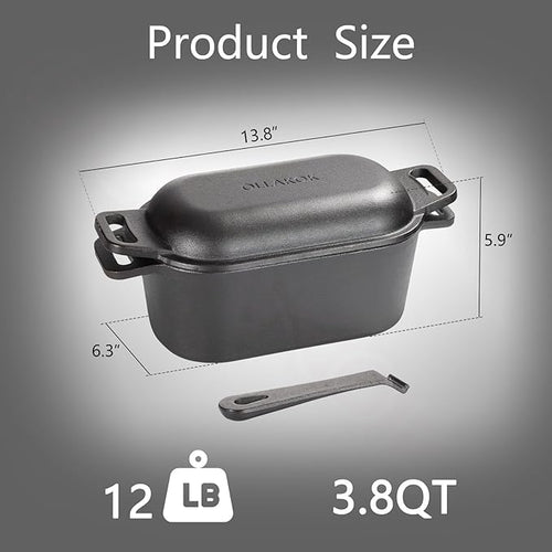 2-in-1 Pre-Seasoned Cast Iron Dutch Oven Pot with Lid as Skillet, Grill Pan, with Lid Lever, Dual Loop Handles, Oval Heavy Dutch Oven for Bread Baking, Frying, Camping, BBQ, 3.8 QT Black