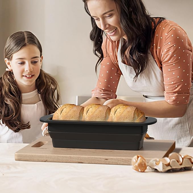 Foldable Silicone Loaf Pan with Metal Reinforced Rim Support - Nonstick Silicone Baking Mold for Homemade Loaf, Bread and Meatloaf - (9"x4"x2.5", Black, 1 Piece)