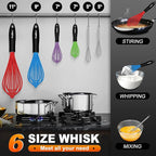 Walfos Silicone Whisk, Sturdy Stainless Steel Wire Kitchen Whisks, Heat Resistant up to 480℉ Whisk For Cooking Non Scratch, Multicolor 5+7+9+11in Whisks & 5+7in Mini Wisk, Great for home baking.