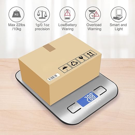 Digital Shipping Scale,Stainless Steel Panel, Accurate 10kg/1g Portable Postal Scale for Packages, Small Business,Kitchen, Food, Handmade, Liquids, and Boutique (Silver Black)