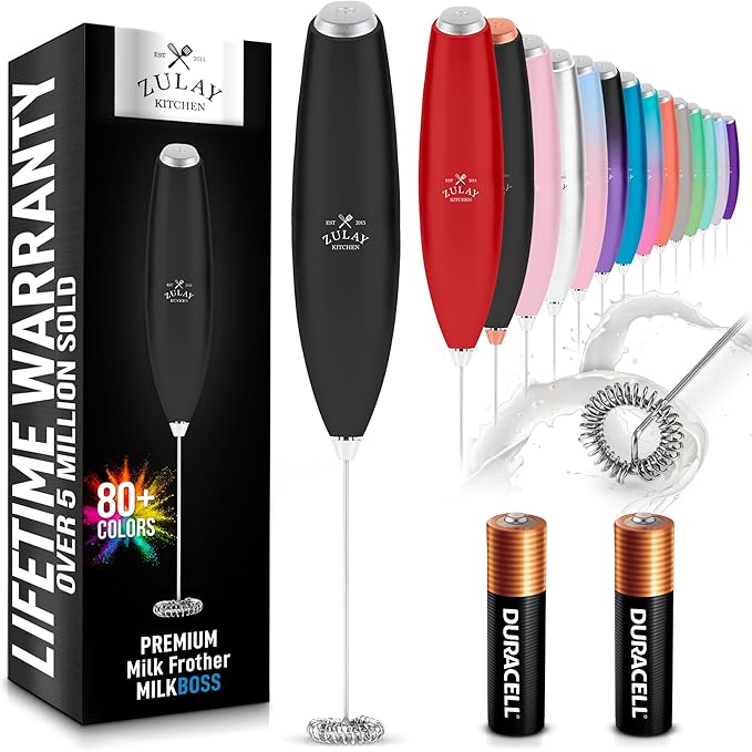 Zulay Kitchen Handheld Milk Frother with Duracell AA Batteries – Ultra Fast Electric Mixer & Foam Maker, Easy-Clean Drink Mixer for Coffee & More