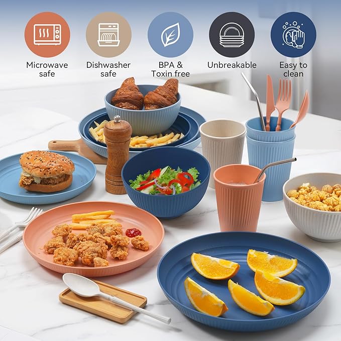 Wheat Straw Dinnerware Sets,48-Piece Beige Plates and Bowls Sets for 6-Unbreakable,Reusable Plastic Dish Set-Dinner Plate/Dessert Plate/Cereal Bowl/Cup/Utensils-Microwavable Dishwasher Safe 48P-Beige