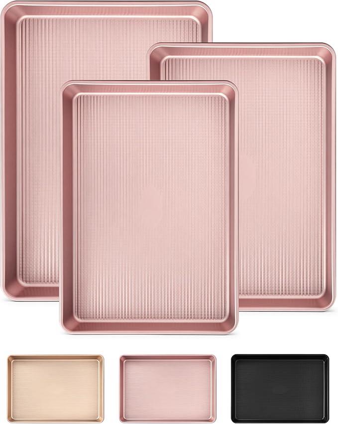 Saker nonstick baking sheet pan set,Multi-Use Non-Stick Baking Pan Set, Stackable Carbon Steel Cookie Sheets for Even Baking, Roasting & Meal Prep, Oven Safe & Easy Clean (pink)