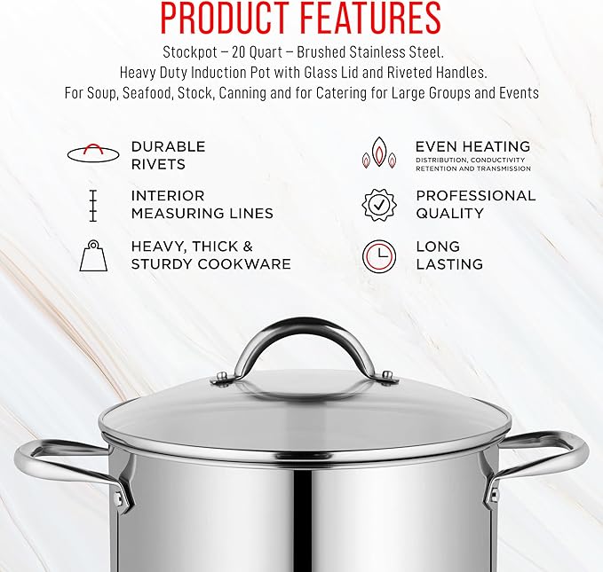 Stainless Steel Stockpot with Tempered Glass Lid 20 Quart, Durable 18/0 Stainless Steel, Impact-Bonded Base for Even Heating, Riveted Handles, Oven & All Stove Compatible, Safe Up To 500°F (260°C)