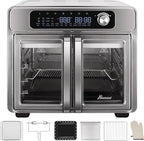 Romswi 26QT French Door Air Fryer Toaster Oven Combo, 24 Cooking Functions and Digital Controls, Fits 12" Pizza, 6 Slices of Toast, Rotisserie 6lb Chicken, 6 Accessories Included