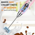 YUSWKO Pink Milk Frother Handheld with 3 Heads, Coffee Whisk Drink Foam Mixer with USB Rechargeable 3 Speeds, Electric Hand Frother for Latte, Cappuccino, Hot Chocolate, Egg