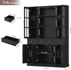 Keyluv 74.8" H Tall Pantry Cabinet with Microwave Stand and 3 Drawers, Large Kitchen Hutch Storage Cabinet with Glass Door and Adjustable Shelves for Kitchen, Dining Room, Living Room, Black