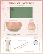 ZENS Matcha Whisk Set, Pink Ceramic Matcha Bowl with Embossed Sakura, 6pcs Matcha Tea Kit Includes Bamboo Whisk, (Chasen Holder) Scoop & Sifter, Tea Towel for Matcha Ceremony, Pink