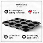 Wrenbury Non Stick Muffin Pan for Baking 12 Cup - Non Toxic Deep Cupcake and Yorkshire Pudding Tin - Even Bakes, Easy Clean, Warp Resistant - 3" Cup