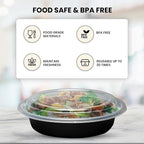 Klex 24 Oz, 150 Sets Meal Prep Containers with Airtight Lids, BPA Free, Reusable Plastic Food Container, 24 oz, Round, Black/Clear, 150 Sets