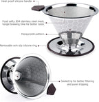 Pour Over Coffee Filter Dripper, Reusable Stainless Steel Metal Drip Coffee Maker Cone, Paperless Permanent Coffee Strainer, Coffee Mesh Filters for 1-4 Cup with Cleaning Brush