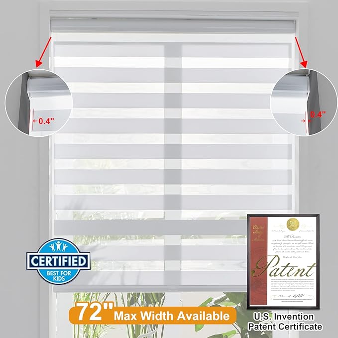 Persilux Cordless Zebra Blinds for Windows Free-Stop Roller Windows Shades (36" W X 47" H, White) Dual Layer Light Control for Day and Night, Light Filtering Sheer Shades for Home, Bedroom