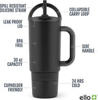 Ello Port 30oz Tumbler with Carry Loop & Integrated Handle | Vacuum Insulated Stainless Steel Reusable Water Bottle Travel Mug | Leak Proof Lid | Flexible Straw | BPA-Free | Dishwasher Safe | Black