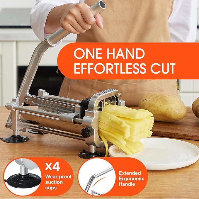 French Fry Slicer, Stainless Steel Potato Cutter with 1/4 inch and 1/2 inch Blades for Thin and Thick Fries, Commercial French Fry Cutter for Homemade Sweet Potatoes Carrots, and Cucumbers