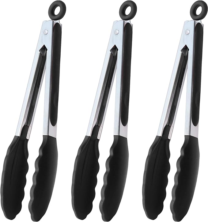 Serving Tongs 9-Inch Cooking Tongs with Silicone Tips, Set of 3 (Black)