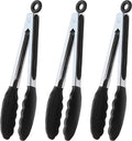 Serving Tongs 9-Inch Cooking Tongs with Silicone Tips, Set of 3 (Black)