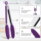HOTEC Premium Stainless Steel Locking Kitchen Tongs with Silicon Tips, Set of 3-7", 9" and 12" (Purple)