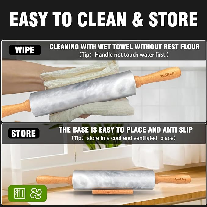 Walfos Marble Rolling Pin Set With Non Stick Silicone Pastry Mat, 16.5 Inch Dough Rolling Pins For Making Pizza, Tortillas And Cookies, Backing Rolling Pin For Pie Crust, Pizza, Pasta (Gray & White)