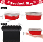 FORBFAN 8 oz Mini Disposable Cake Pans with Lids, 150 Pack Aluminum Foil Square Baking Cups with Spoons, Disposable Baking Cake Tins Red