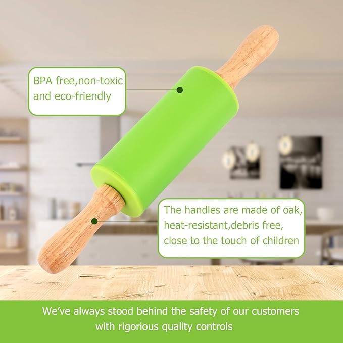 Mini Silicone Rolling Pin for Kids, Non-stick Surface Wood Handle, 9 Inch 1 Pack Blue