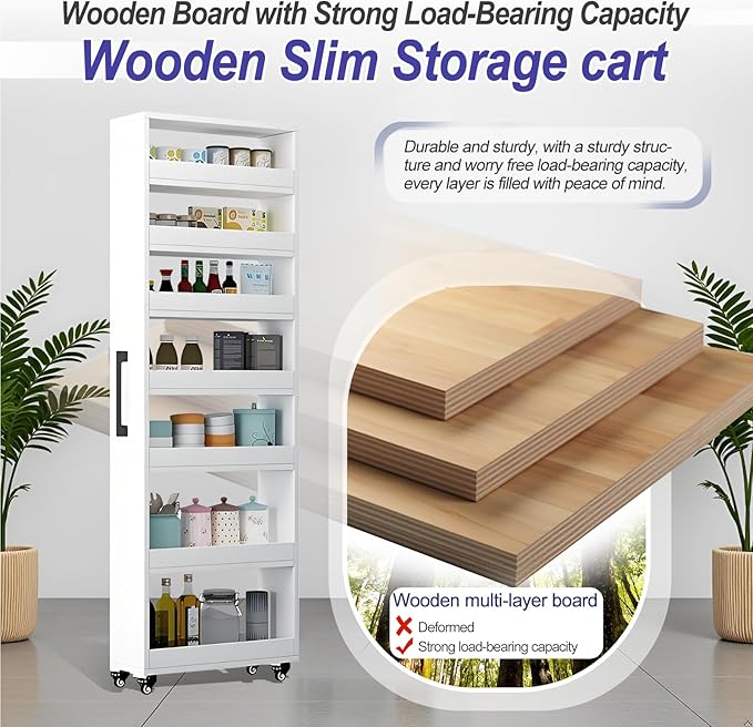 7-Tier Slim Storage Cart, Wooden Rolling Pantry Cabinet with Wheels, Narrow Shelf Organizer for Kitchen, Bakers Rack, Dining Room, Closet, Small Spaces Teak 73.2''H*5.9''W*23.6''D