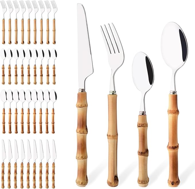40PCS Silverware Set for 10, Bamboo Handle Flatware Set, Stainless Steel Cutlery Set for Home Restaurant and Party, Bamboo Forks Spoons and Knives Set, Polished Tableware