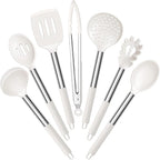 E-far Silicone Cooking Utensils Set, 7 Pcs Heat Resistant Kitchen Utensils with Stainless Steel Handle, Slotted Turner, Spoon, Soup Ladle, Pasta Server, Skimmer, Tongs for Nonstick Cookware, White