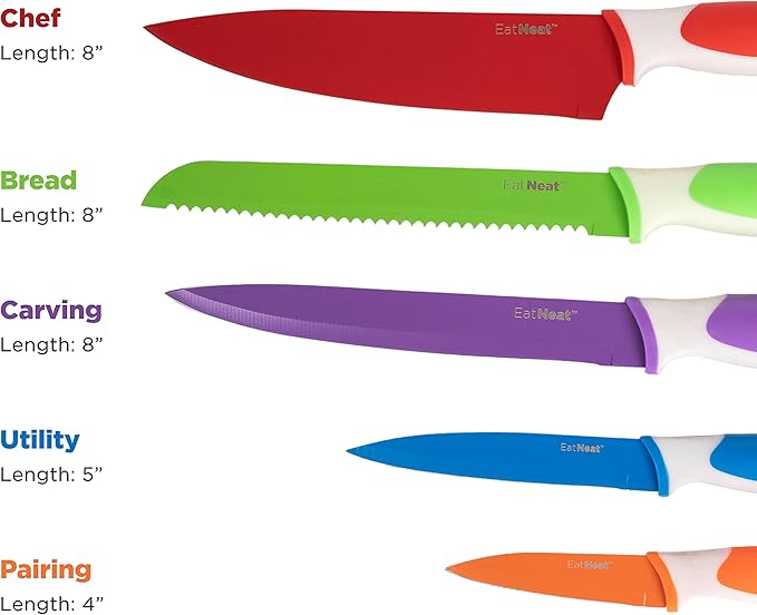 EatNeat 12-Piece Knife Set – Chef, Bread, Carving, Utility & Paring Knives with Sheaths, Sharpener & Cutting Board – Non-Stick Stainless Steel, Ergonomic, Dishwasher Safe – Ideal for Home, RV & Gift