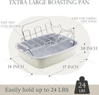 KITESSENSU Nonstick Turkey Roasting Pan with Rack 17 x 14 inch - Large Chicken Roaster Pan for Oven - Wider Handles & Heavy Duty Construction - Suitable for 24lb Turkey, Cream