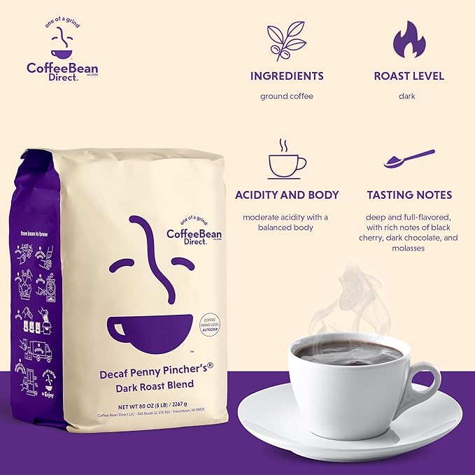 Coffee Bean Direct Decaf Penny Pincher's® Dark Roast Blend, Ground Coffee, Dark Roast, 5 Pound Bag (Pack of 1)