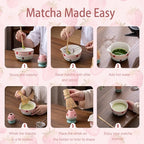 Matcha Whisk Set, Matcha Bowl with Spout, Matcha Whisk and Holder, Bamboo Matcha Scoop and Stainless Sifter,Ceramic Matcha Bowl(Pink Green)